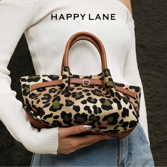 Happy Lane Leopard Print Satchel Crossbody Bag Tan Brown Boho NIP - Picture 4 of 12